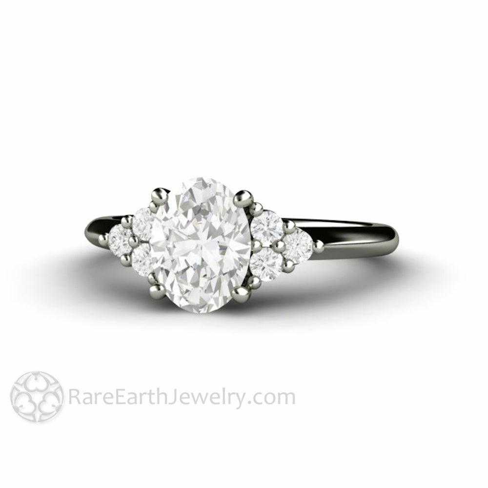 Oval Forever One Moissanite Engagement Ring 3 Stone Cluster, Rare Earth Jewelry