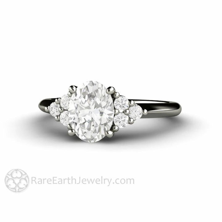 Oval Forever One Moissanite Engagement Ring 3 Stone Cluster, Rare Earth Jewelry