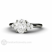 Oval Forever One Moissanite Engagement Ring 3 Stone Cluster 18K White Gold - Engagement Only - Rare Earth Jewelry