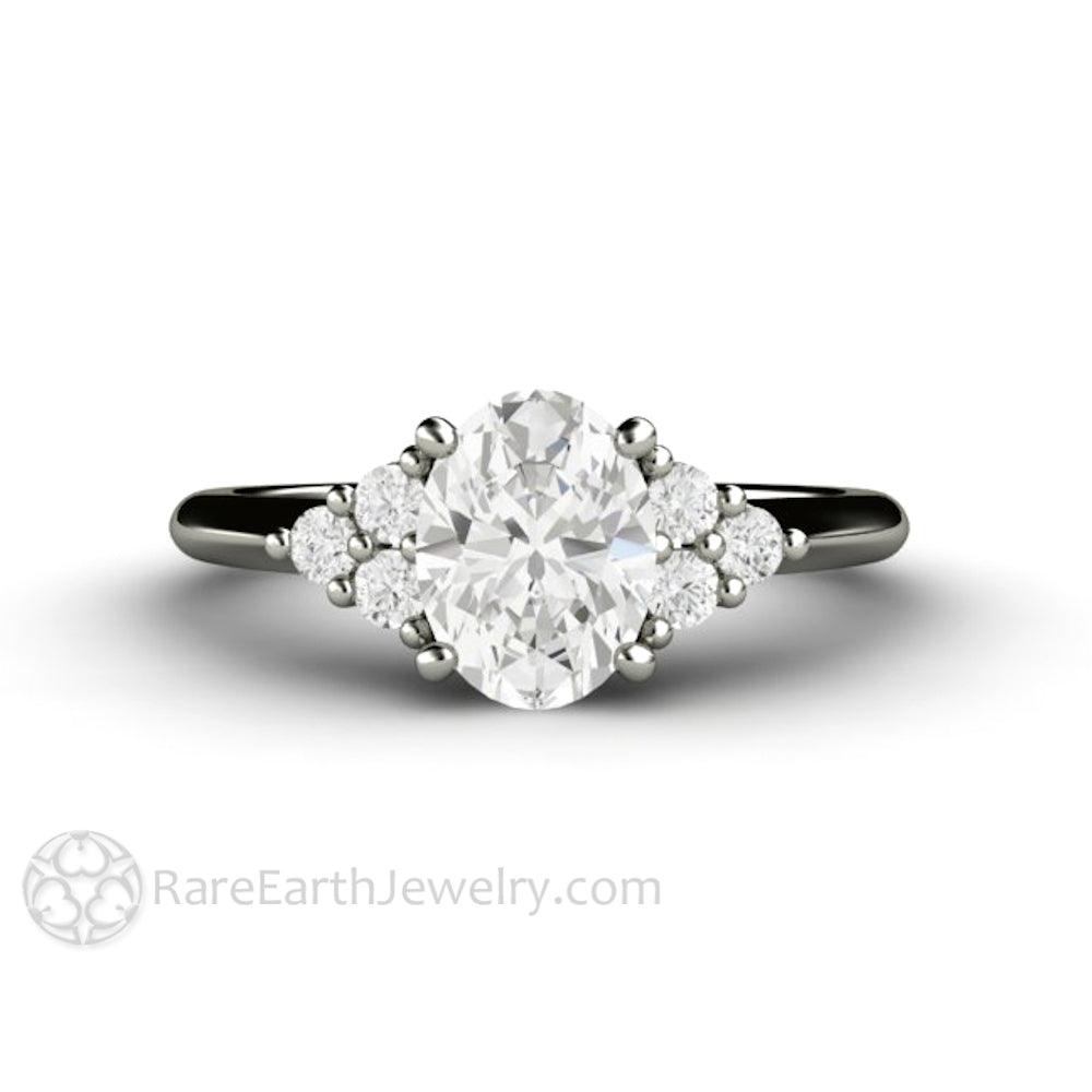 Oval Forever One Moissanite Engagement Ring 3 Stone Cluster, Rare Earth Jewelry