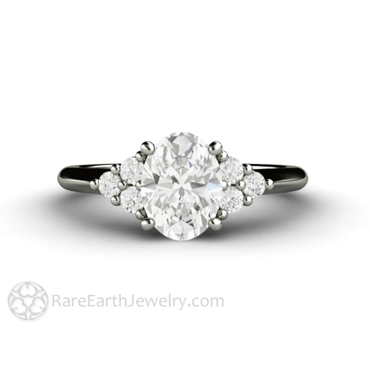 Oval Forever One Moissanite Engagement Ring 3 Stone Cluster, Rare Earth Jewelry