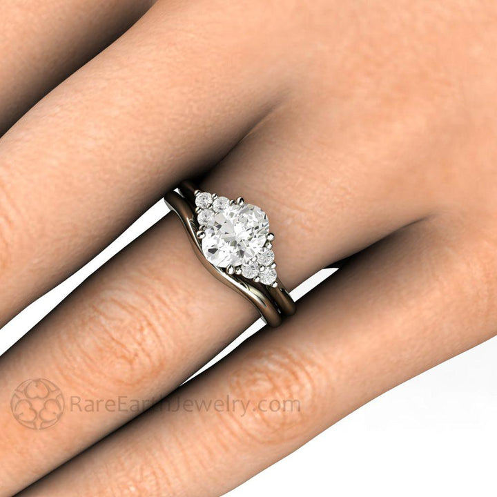 Oval Forever One Moissanite Engagement Ring 3 Stone Cluster, Rare Earth Jewelry
