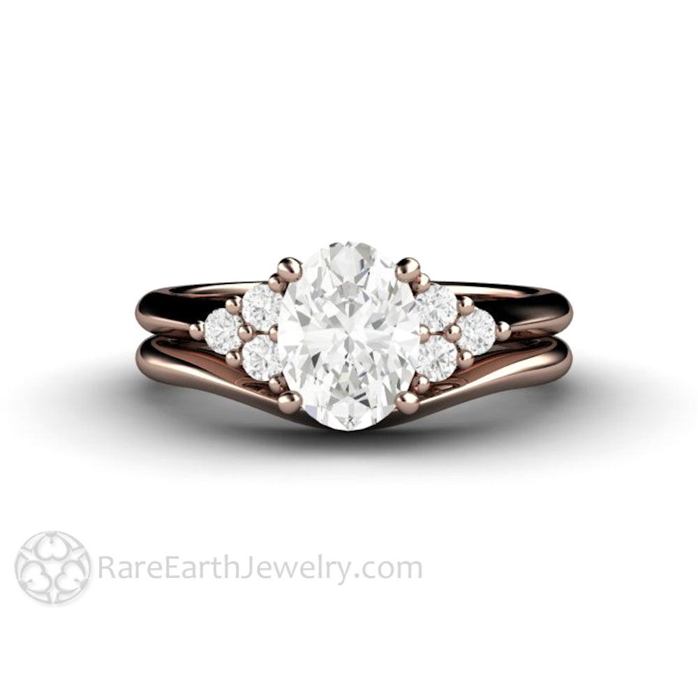 Oval Forever One Moissanite Engagement Ring 3 Stone Cluster, Rare Earth Jewelry
