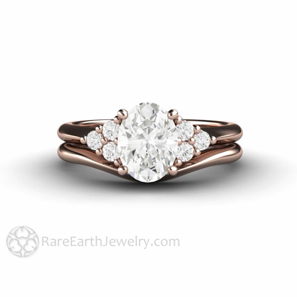 Oval Forever One Moissanite Engagement Ring 3 Stone Cluster, Rare Earth Jewelry