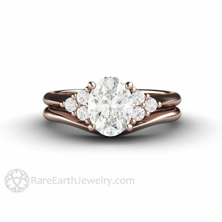 Oval Forever One Moissanite Engagement Ring 3 Stone Cluster, Rare Earth Jewelry