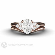 Oval Forever One Moissanite Engagement Ring 3 Stone Cluster 18K Rose Gold - Wedding Set - Rare Earth Jewelry