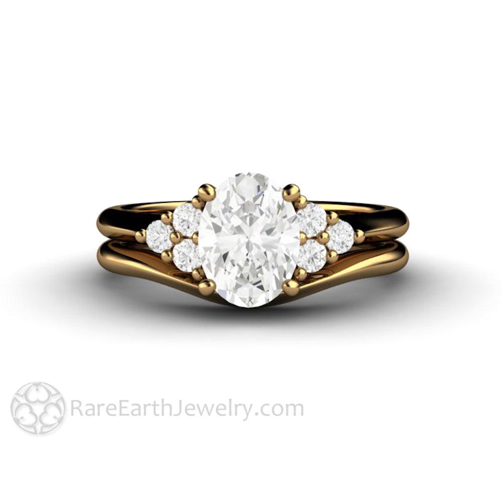 Oval Forever One Moissanite Engagement Ring 3 Stone Cluster, Rare Earth Jewelry