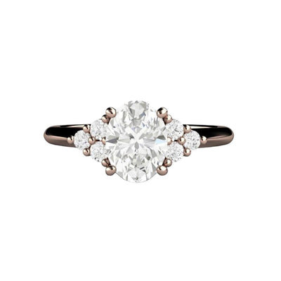 Oval Forever One Moissanite Engagement Ring 3 Stone Cluster Design in Rose Gold from Rare Earth Jewelry