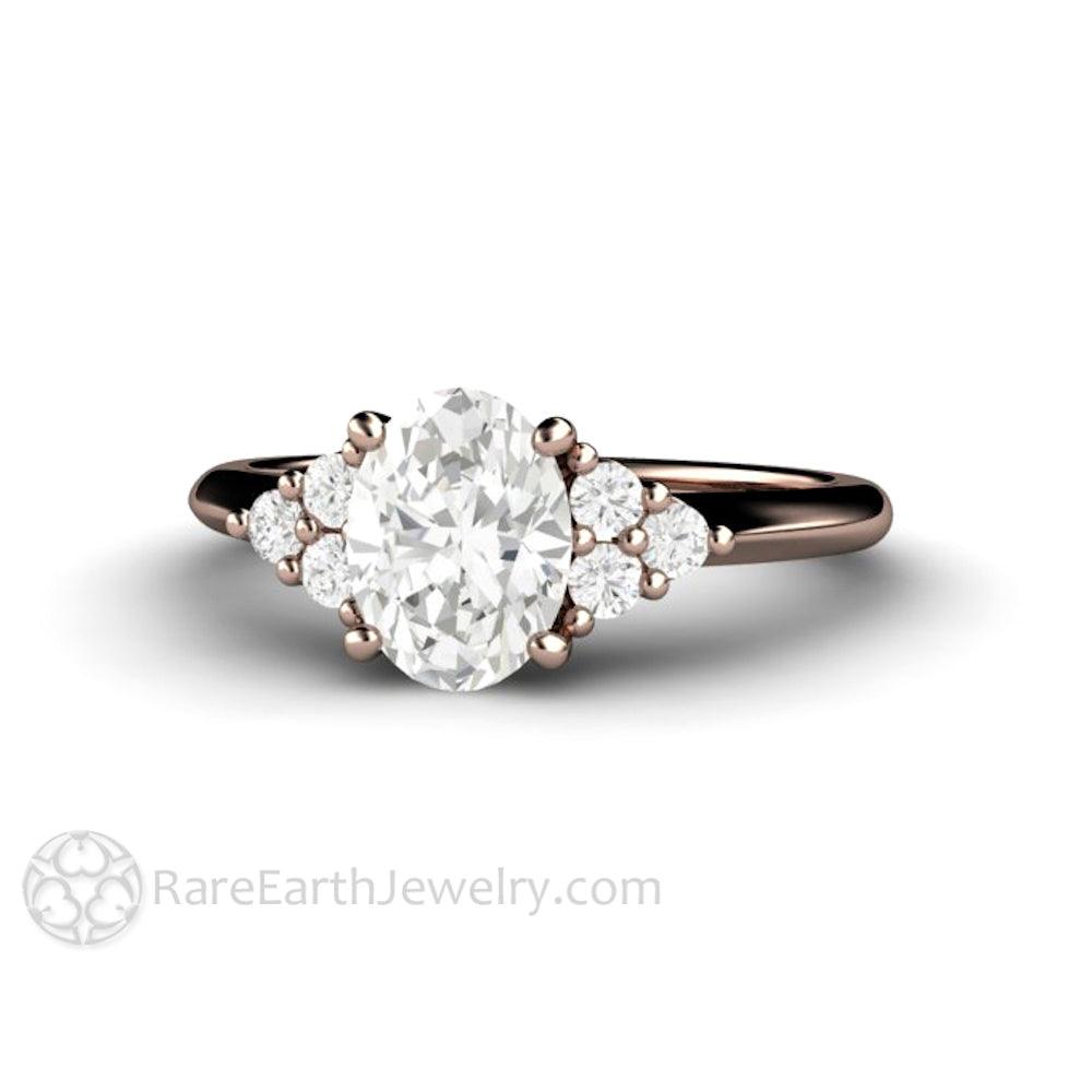Oval Forever One Moissanite Engagement Ring 3 Stone Cluster, Rare Earth Jewelry