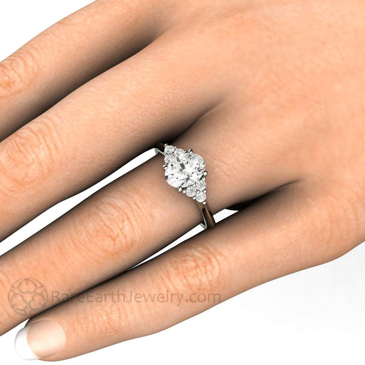 Oval Forever One Moissanite Engagement Ring 3 Stone Cluster, Rare Earth Jewelry