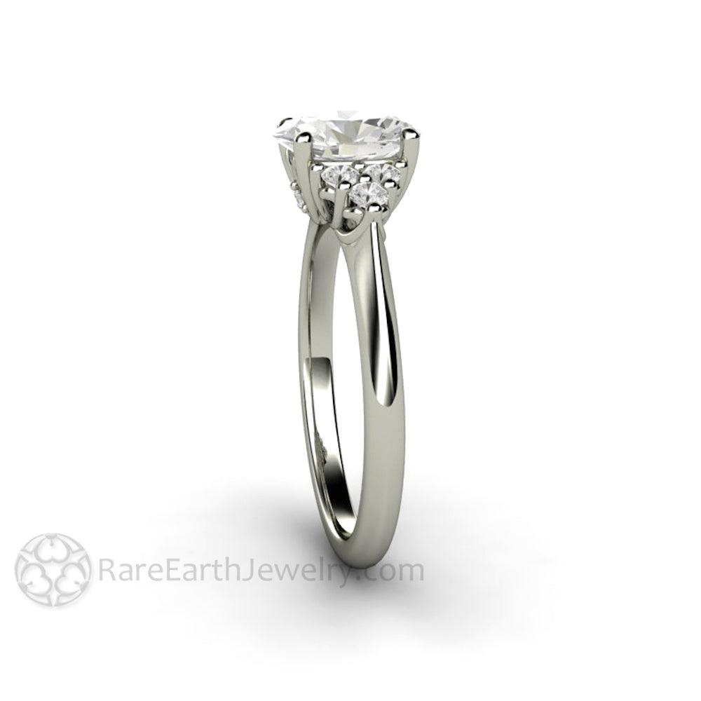 Oval Forever One Moissanite Engagement Ring 3 Stone Cluster, Rare Earth Jewelry