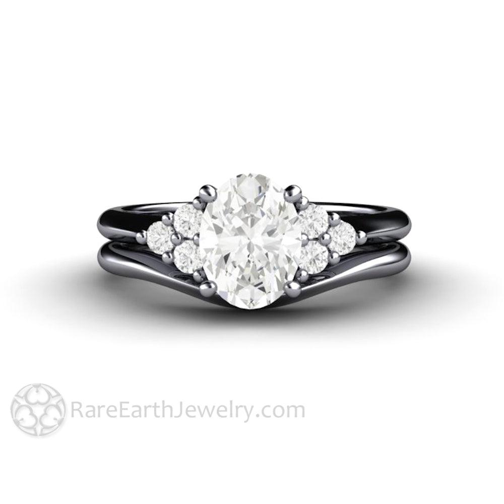 Oval Forever One Moissanite Engagement Ring 3 Stone Cluster, Rare Earth Jewelry