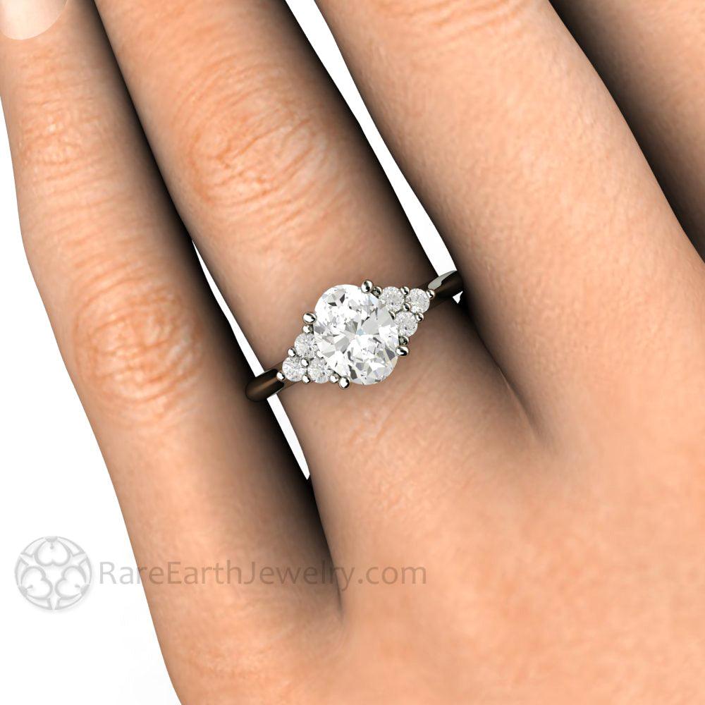 Oval Forever One Moissanite Engagement Ring 3 Stone Cluster, Rare Earth Jewelry