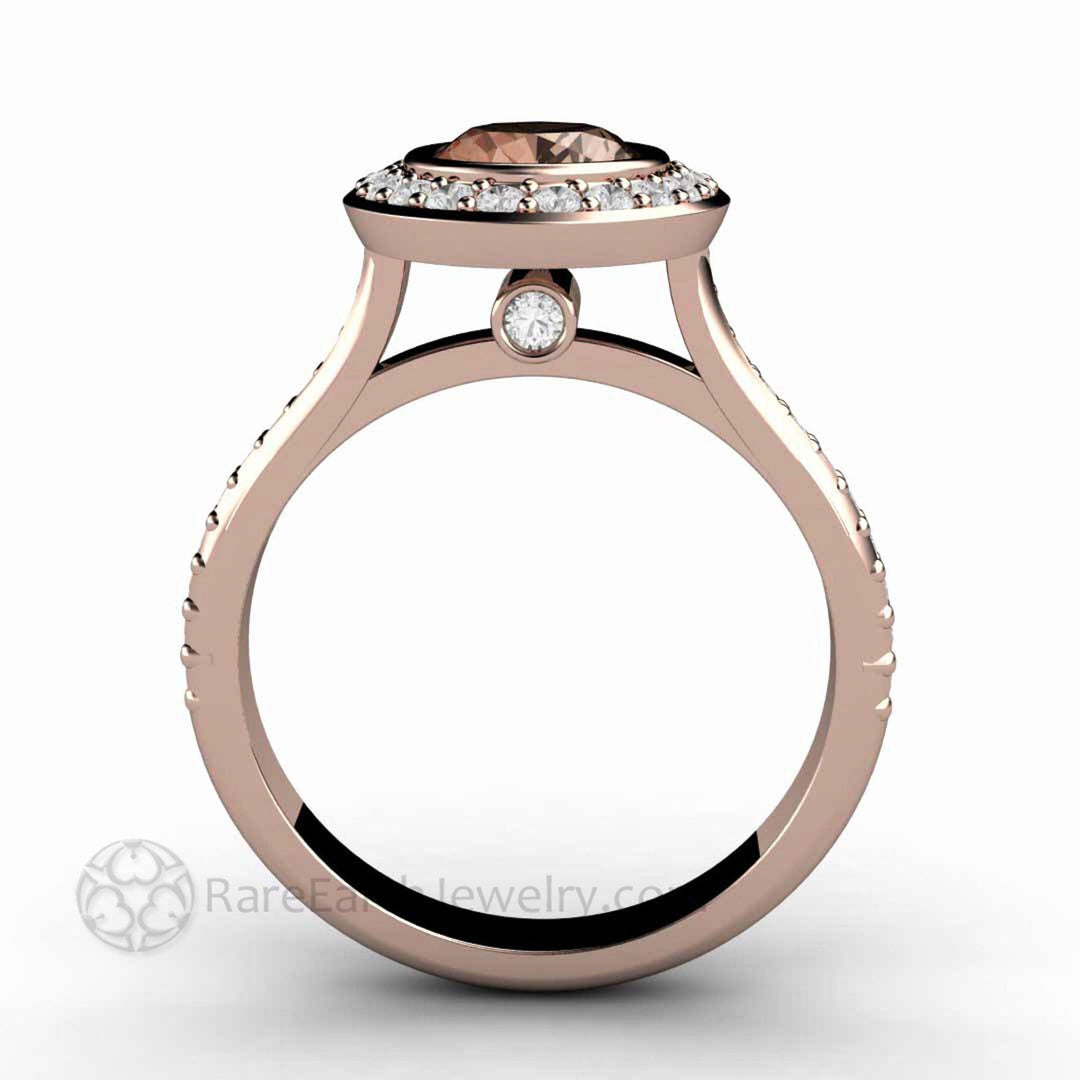 Morganite Oval Engagement Ring Bezel Set Diamond Halo, Rare Earth Jewelry