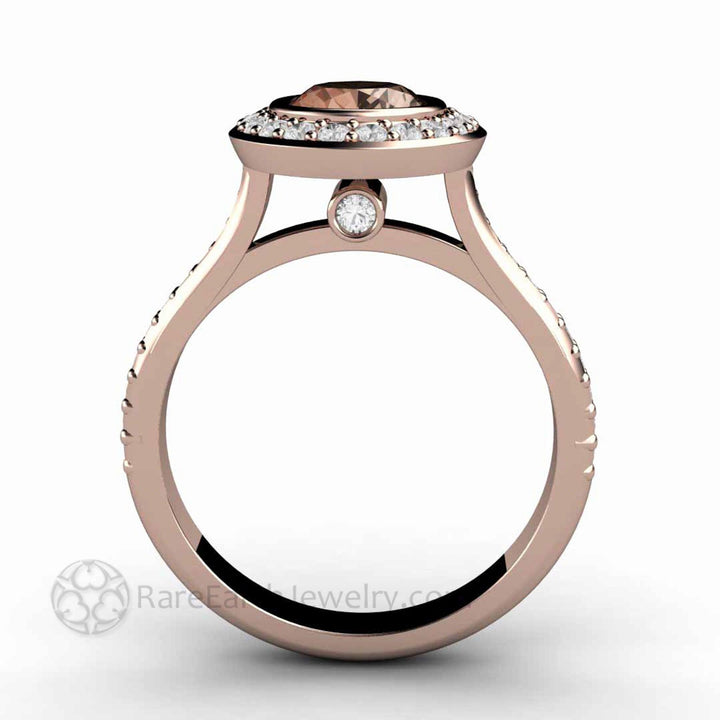 Morganite Oval Engagement Ring Bezel Set Diamond Halo, Rare Earth Jewelry