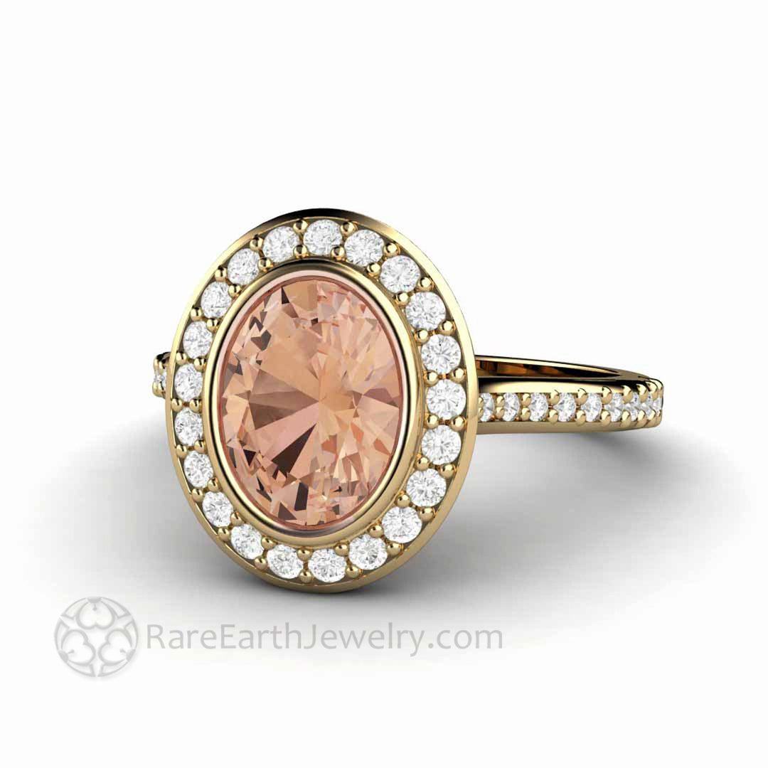 Morganite Oval Engagement Ring Bezel Set Diamond Halo, Rare Earth Jewelry