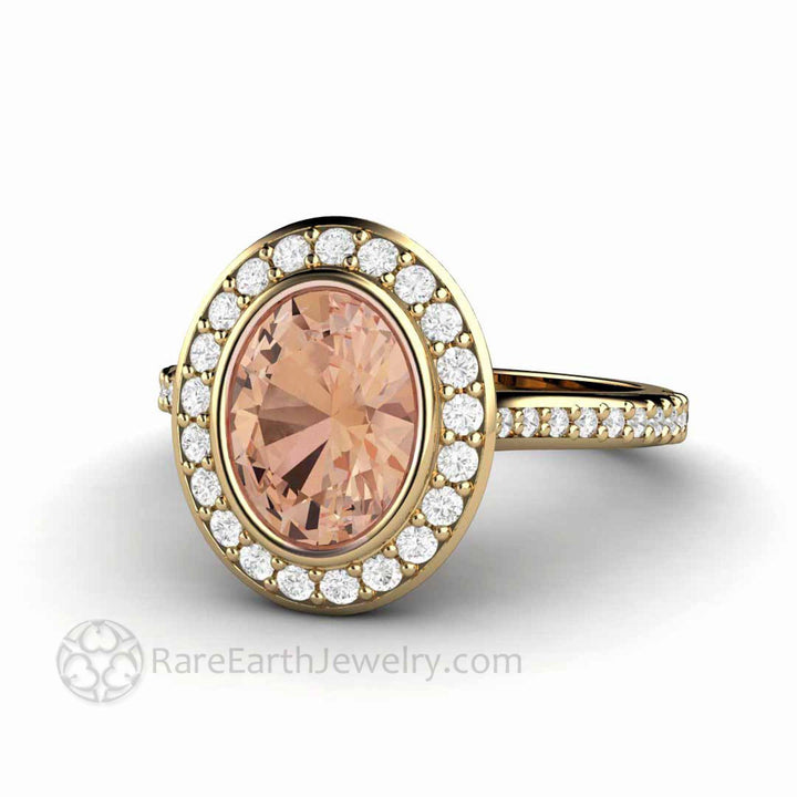 Morganite Oval Engagement Ring Bezel Set Diamond Halo, Rare Earth Jewelry