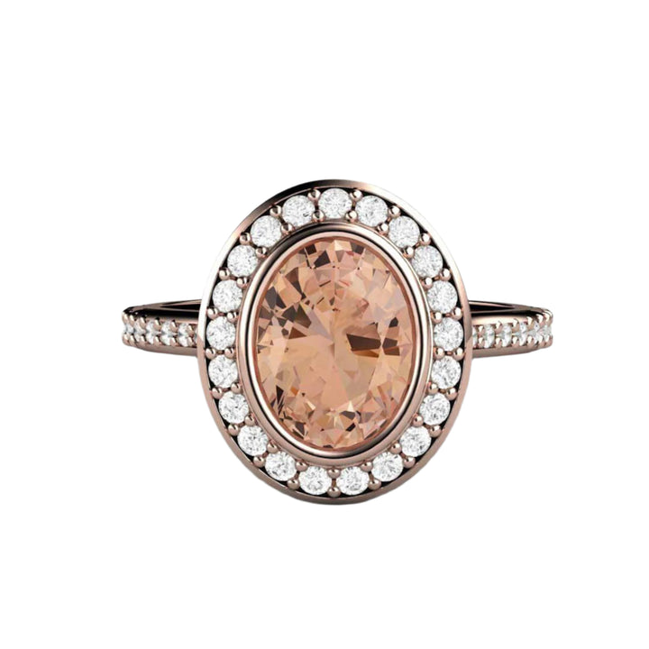 Morganite Oval Engagement Ring Bezel Set Diamond Halo, Rare Earth Jewelry