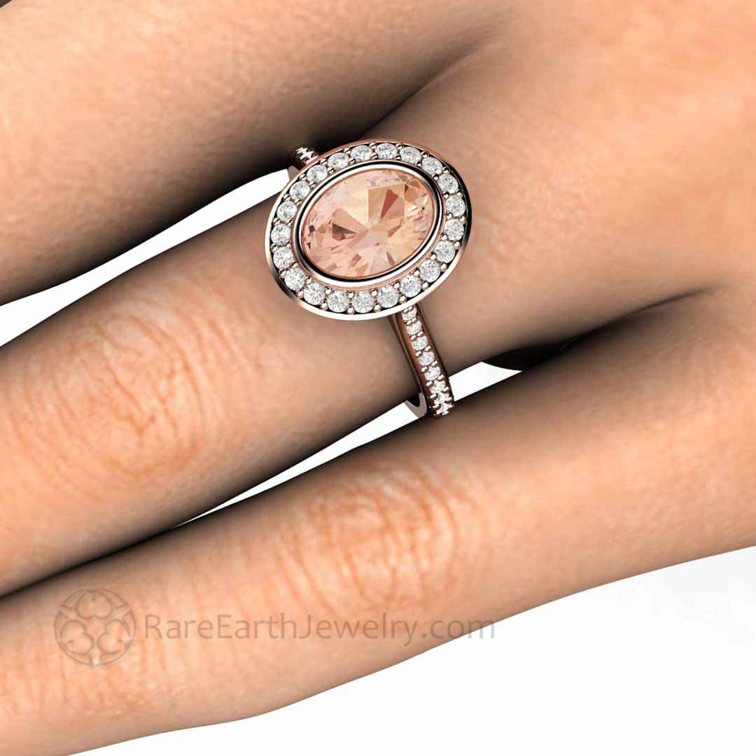 Morganite Oval Engagement Ring Bezel Set Diamond Halo, Rare Earth Jewelry