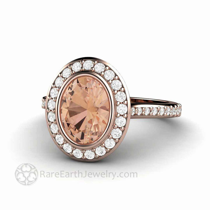 Morganite Oval Engagement Ring Bezel Set Diamond Halo, Rare Earth Jewelry