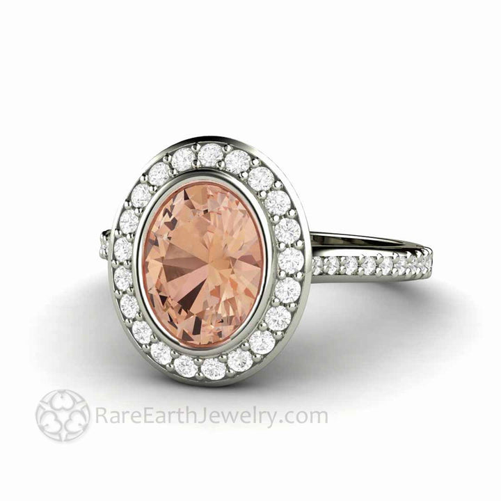 Morganite Oval Engagement Ring Bezel Set Diamond Halo, Rare Earth Jewelry