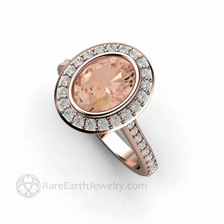Morganite Oval Engagement Ring Bezel Set Diamond Halo, Rare Earth Jewelry