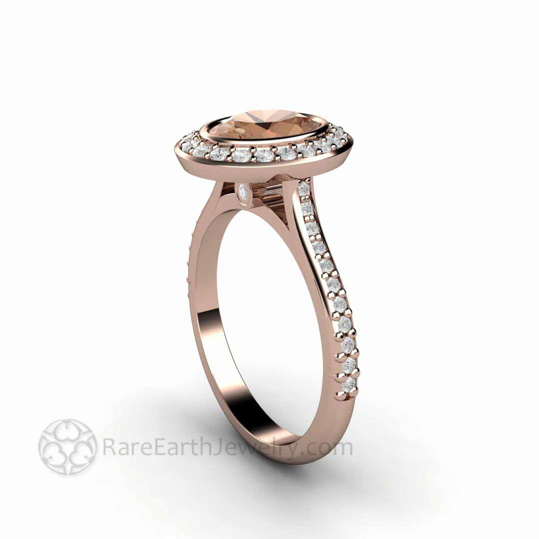 Morganite Oval Engagement Ring Bezel Set Diamond Halo, Rare Earth Jewelry
