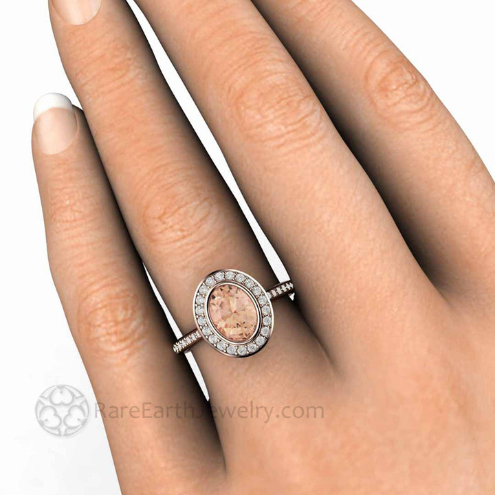 Morganite Oval Engagement Ring Bezel Set Diamond Halo, Rare Earth Jewelry