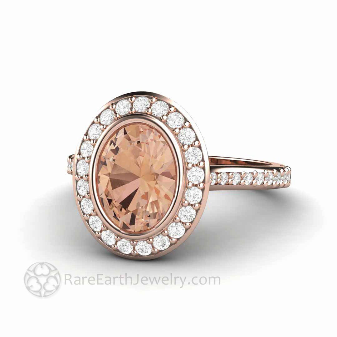 Morganite Oval Engagement Ring Bezel Set Diamond Halo, Rare Earth Jewelry