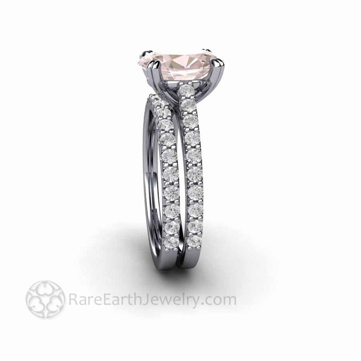 Morganite Engagement Ring Oval Solitaire with Pave Diamonds, Rare Earth Jewelry