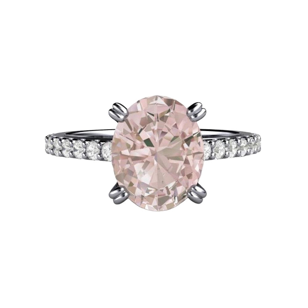 Morganite Engagement Ring Oval Solitaire with Pave Diamonds, Rare Earth Jewelry