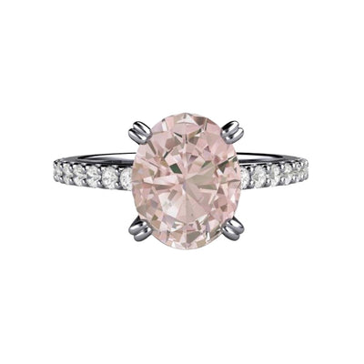 Oval Morganite Engagement Ring Double Prong Solitaire with Pave Diamonds 14K White Gold - Rare Earth Jewelry