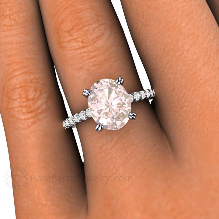 Morganite Engagement Ring Oval Solitaire with Pave Diamonds, Rare Earth Jewelry