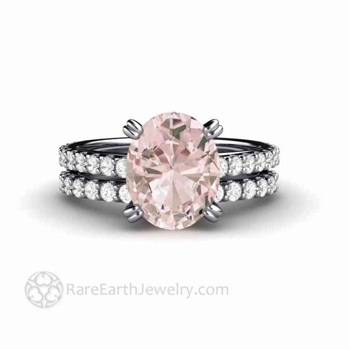 Morganite Engagement Ring Oval Solitaire with Pave Diamonds, Rare Earth Jewelry