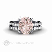 Oval Morganite Engagement Ring Double Prong Solitaire with Pave Diamond Bridal Set - Rare Earth Jewelry