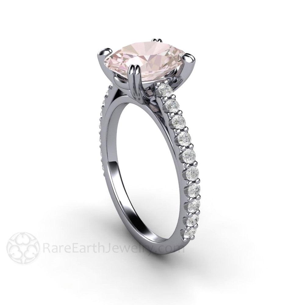 Morganite Engagement Ring Oval Solitaire with Pave Diamonds, Rare Earth Jewelry