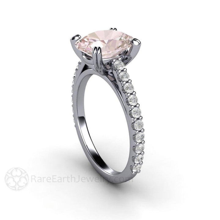 Morganite Engagement Ring Oval Solitaire with Pave Diamonds, Rare Earth Jewelry
