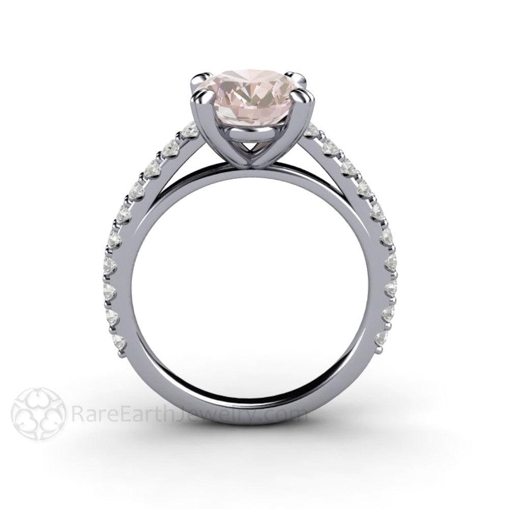 Morganite Engagement Ring Oval Solitaire with Pave Diamonds, Rare Earth Jewelry