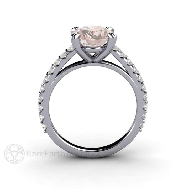 Morganite Engagement Ring Oval Solitaire with Pave Diamonds, Rare Earth Jewelry