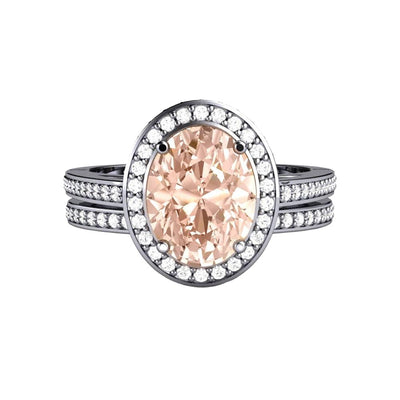 Morganite Oval Halo Engagement Ring and Wedding Band Bridal Set in Gold or Platinum with Peach Natural Stone and Diamonds from Rare Earth Jewelry.