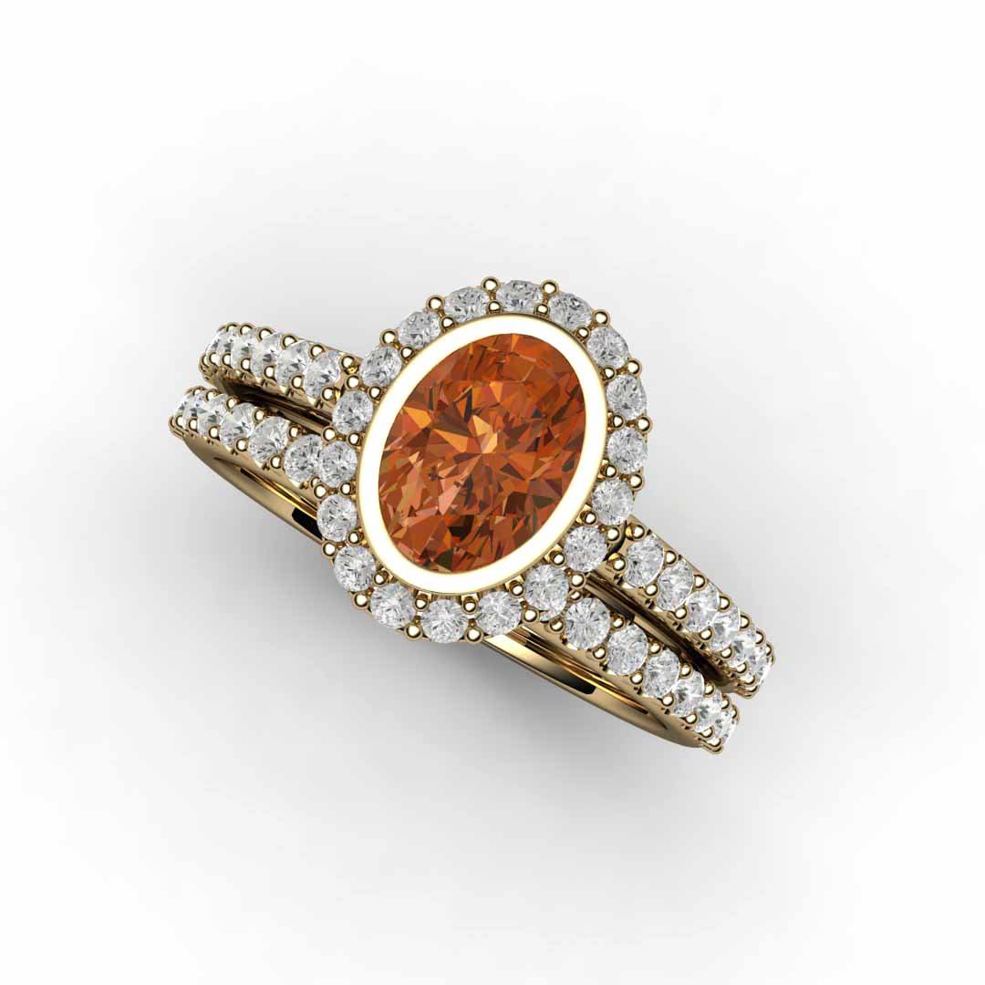 Oval Orange Sapphire Engagement Ring Bezel Set Pave Diamond Halo, Rare Earth Jewelry