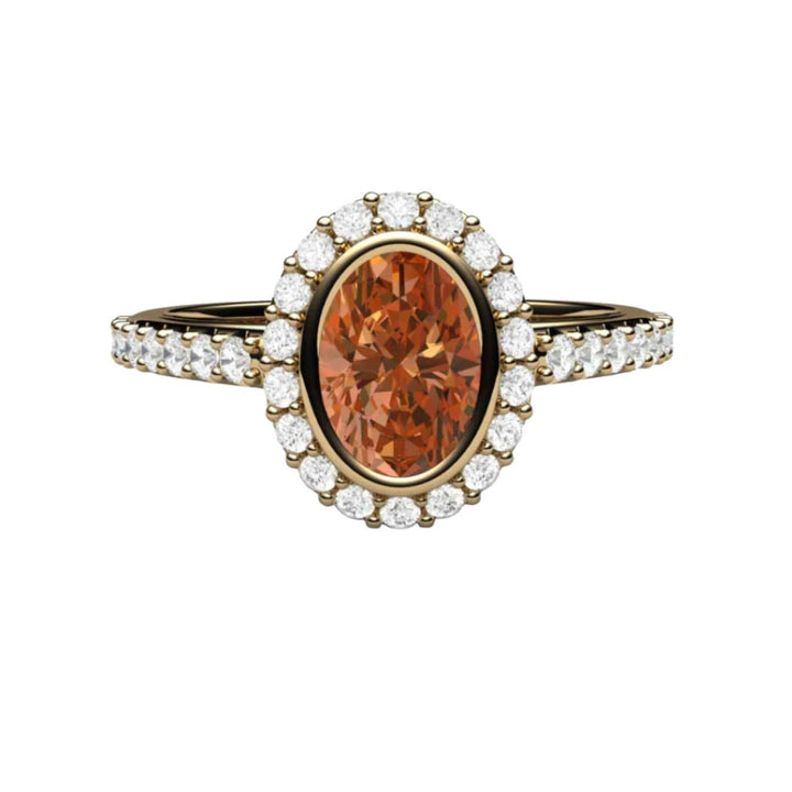 Oval Orange Sapphire Engagement Ring Bezel Set Pave Diamond Halo, Rare Earth Jewelry