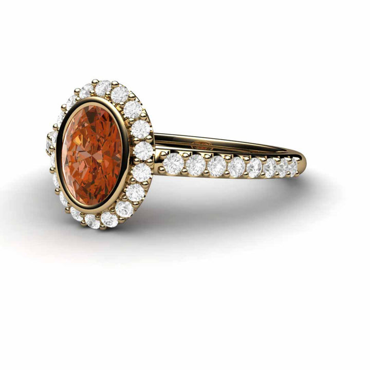 Oval Orange Sapphire Engagement Ring, Bezel Set Pave Diamond Halo | Rare Earth Jewelry