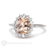Oval Peach Morganite Engagement Ring with Diamond Cluster Halo 18K White Gold - Rare Earth Jewelry
