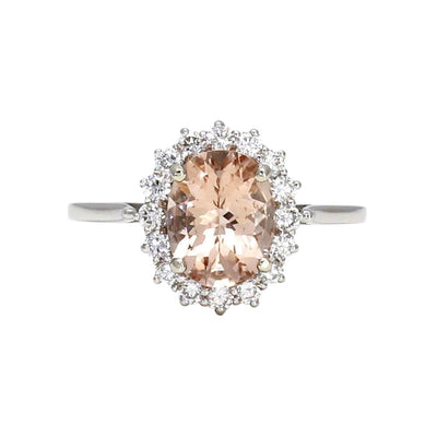 Oval Peach Morganite Engagement Ring with Diamond Accents vintage style halo from Rare Earth Jewelry