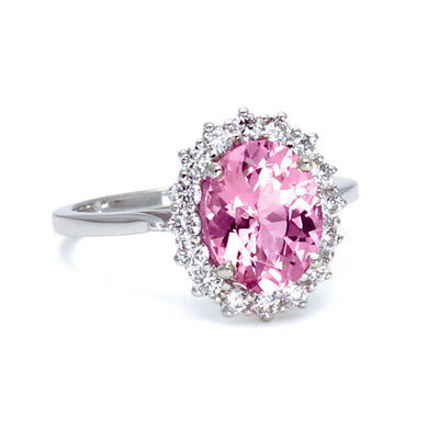 Pink Moissanite Ring Vintage Style Oval Halo Lab Created Engagement Ring from Rare Earth Jewelry