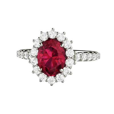 Oval Ruby Ring Ruby Engagement Ring Pave Diamond Halo and Accents in gold or platinum from Rare Earth Jewelry