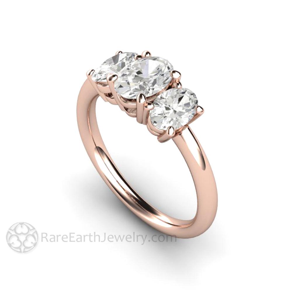 Three Stone Oval Forever One Moissanite Engagement Ring, Rare Earth Jewelry