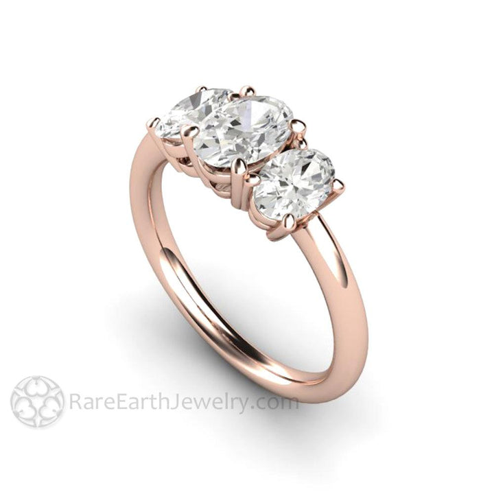 Three Stone Oval Forever One Moissanite Engagement Ring, Rare Earth Jewelry