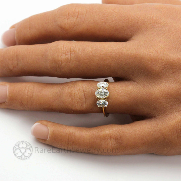 Three Stone Oval Forever One Moissanite Engagement Ring, Rare Earth Jewelry
